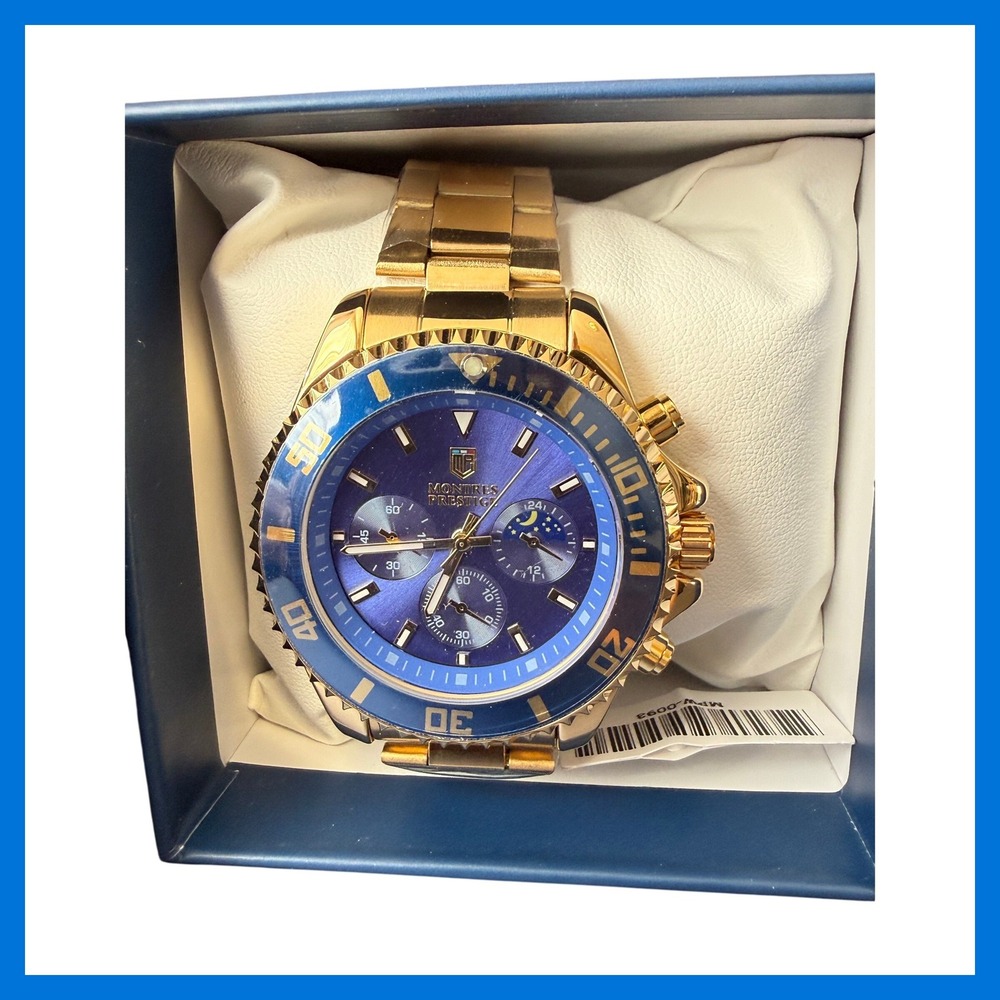 Montres Prestige MPW-0093 Gold Blue Chronograph Men's Watch New in Box